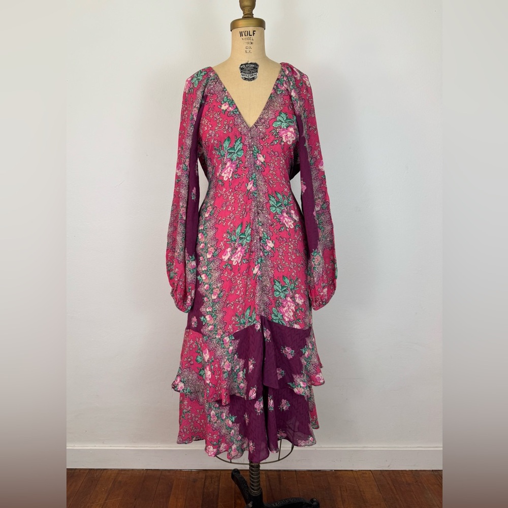 FIGUE Floral Tiered Long Sleeve Midi Dress Size XS/S